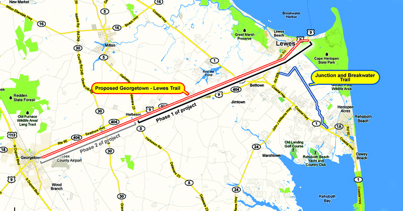 The proposed first phase of a multiuse trail would run from Coolspring to Cape Henlopen State Park. The complete trail would run from Georgetown to the state park. Delaware Department of Transportation is seeking input from stakeholders about whether rails along the path should remain or be removed. SOURCE DELDOT / MAP BY CHRIS FOSTER